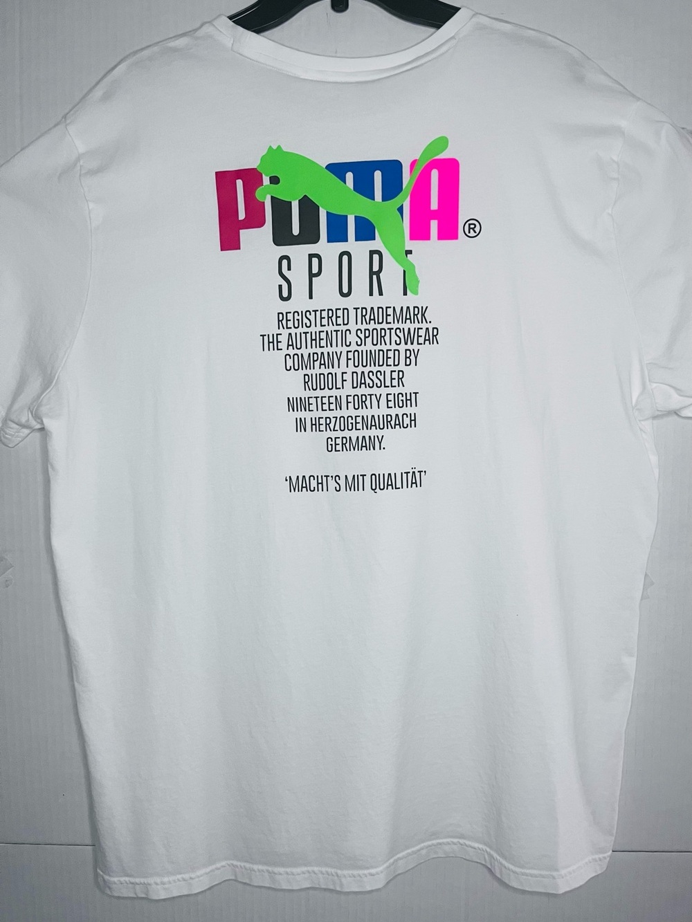 Puma White Short Sleeve Tee with Neon Green Puma and Pink/Blue Logo 2XL